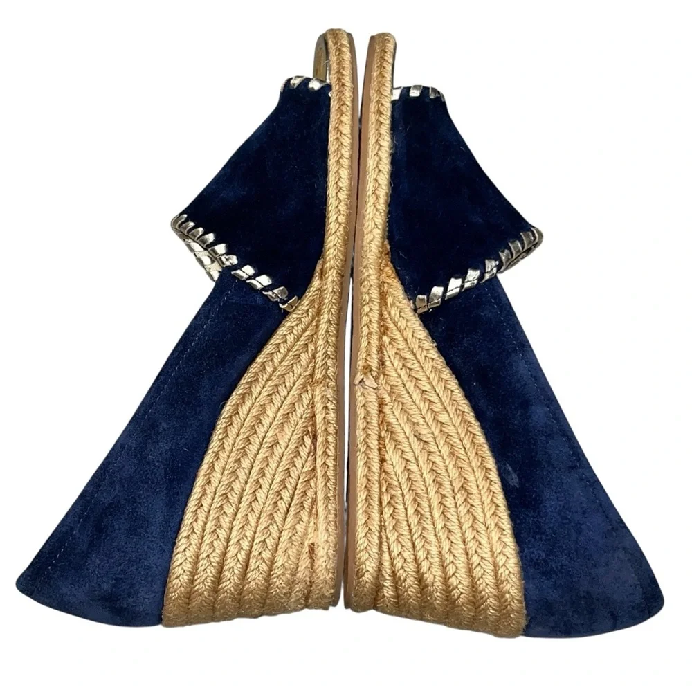 Jack Rogers Blue Suede Palmer Jute Wrapped Wedge Espadrille Peeptoe Shoes 9.5